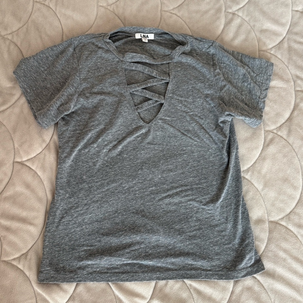 LNA Heather Gray Crisscross V-Neck Tee